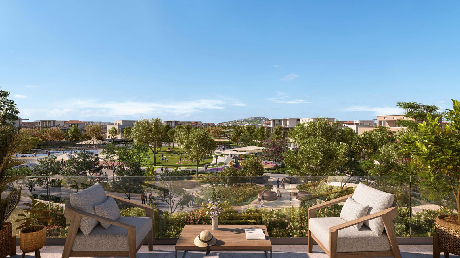 Outdoor amenities at Wadeem Plots Hudayriyat Island including sports courts, cycling loops, and wellness facilities